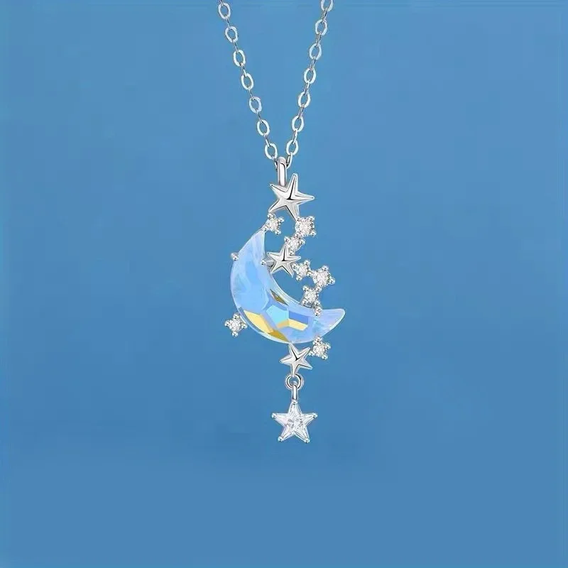 Trend Temperament Moon and Star Crystal Pendant Necklace for Women Charm Silver Color Steel and Titanium Choker Jewelry Gifts