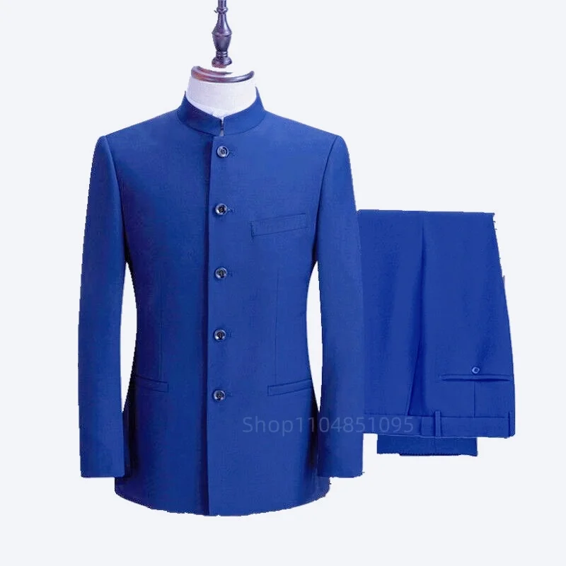 الأحمر الرجال الدعاوى موضة الأعمال عادية الزفاف سهرة 2 قطعة (السترة + السراويل) بدلة مكتب رسمية سليم صالح النمط الصيني الرجال الملابس #5