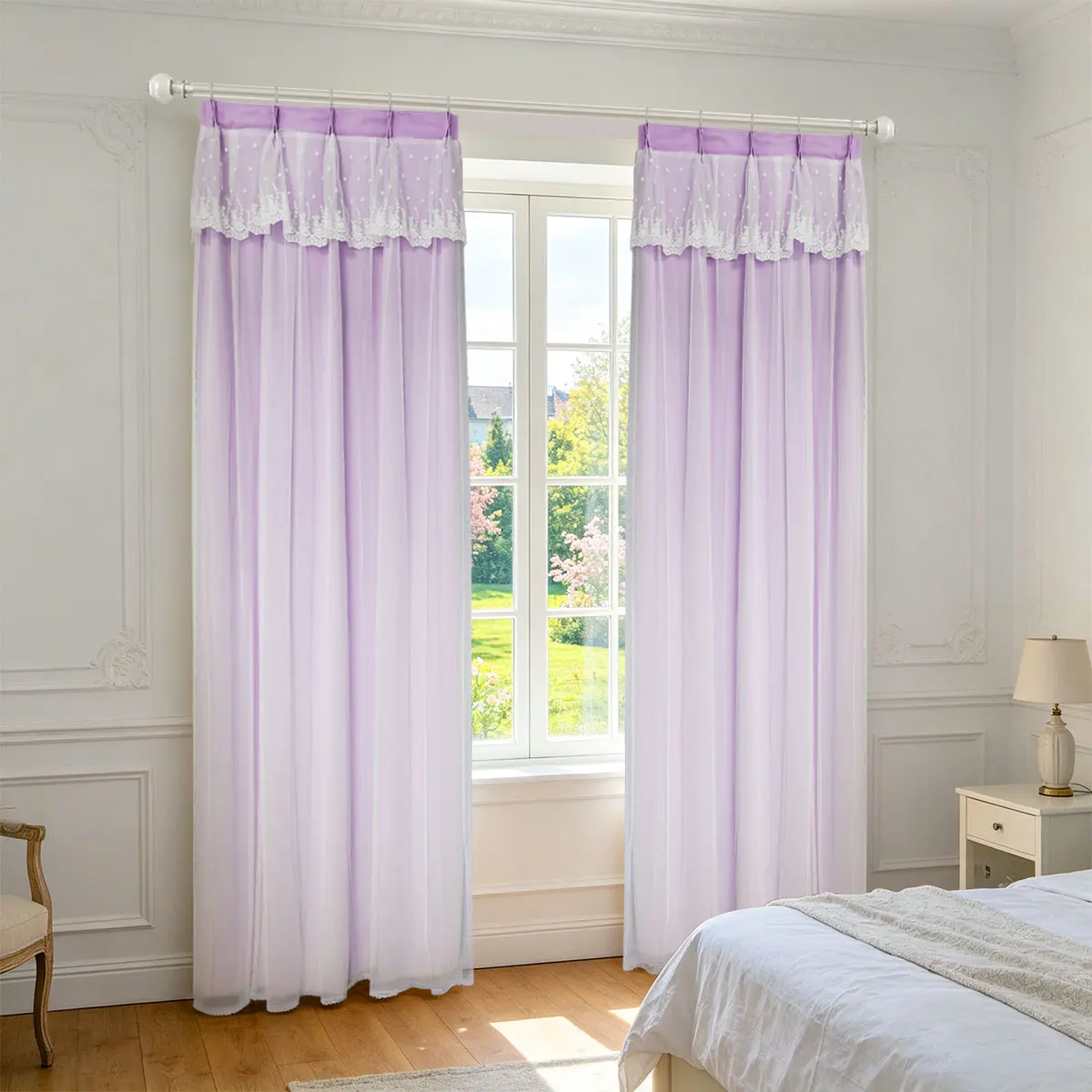 Lilac Purple Double Layer Curtains 2 Panels, Pre-Fixed Korean Pleat Star Lace Valance Medium Shading Window Drapes