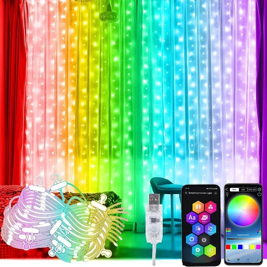 Smart LED Curtain Light 3X2M 3x3M Color Changing App Fairy Light Garland Christmas String Light For Wall Window Backdrop Decor