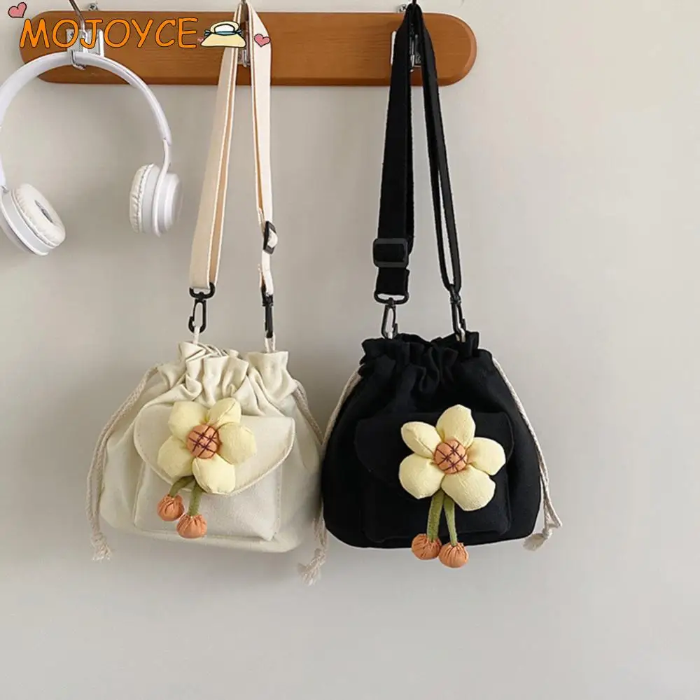

Women Fashion Shopping Bag Drawstring Messenger Bag Cute Flower Pendant Canvas Large Capacity for Travel Vacation Daily