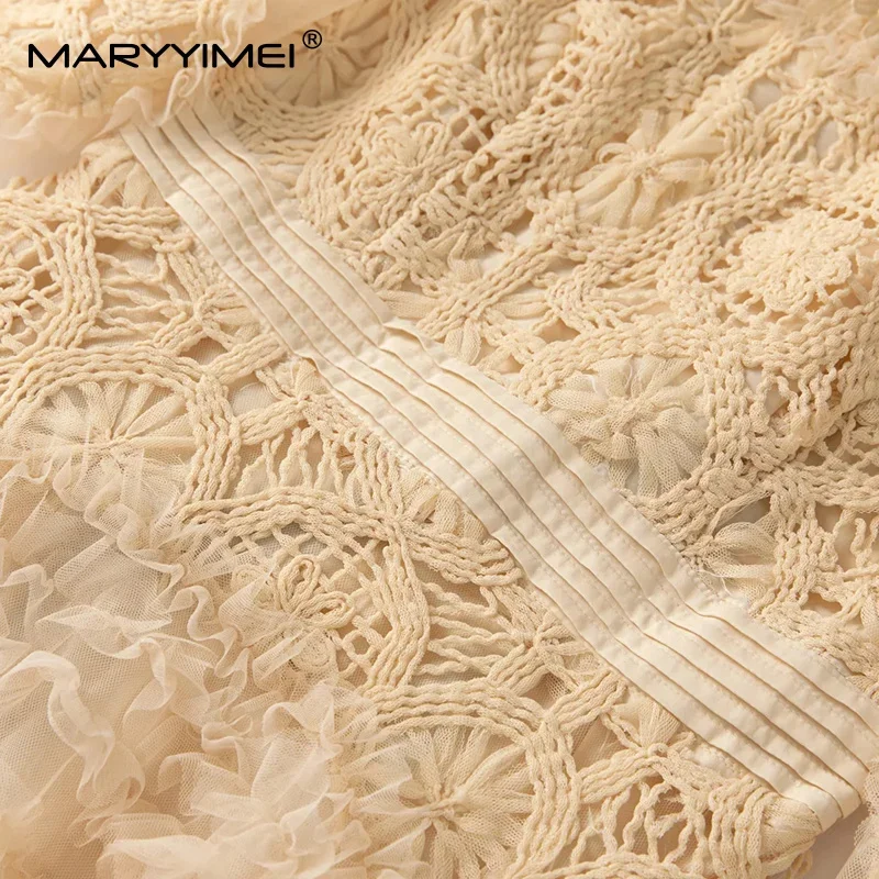 MARYYIMEI Soli Pilz Langarm Kleid Für Frauen Haken blume hohl Elegante Lange S-4XL Kleider Party Prom Kleidung