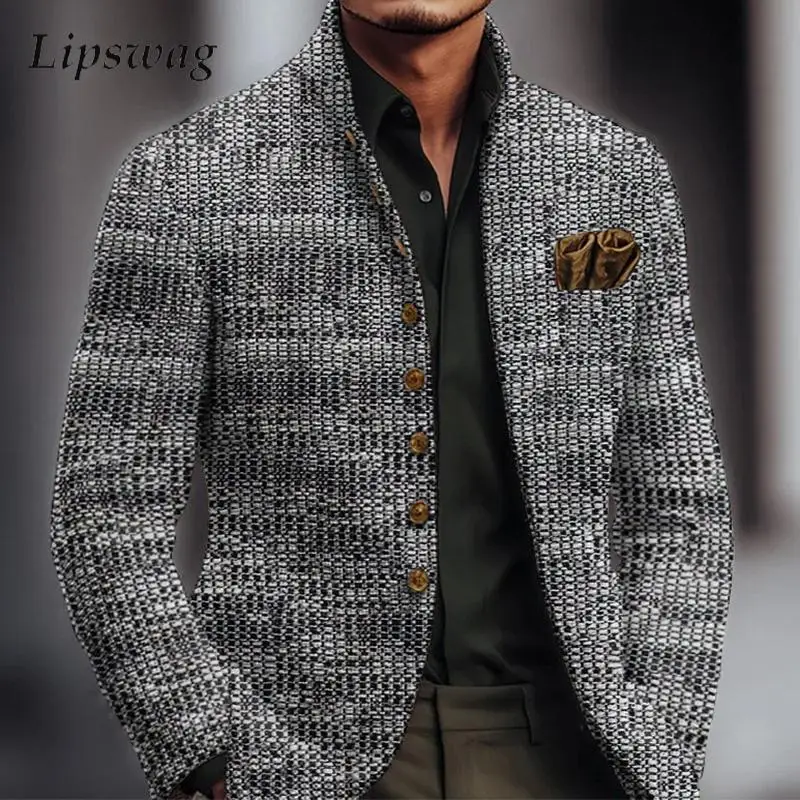 

Retro Stand Collar Mens Jacket Coat Spring Long Sleeve Button-up Casual Outerwear Men Stylish Solid Color Slim Textured Jackets