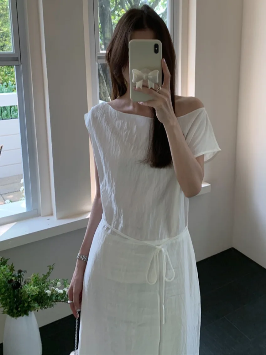 Ele Sexy Odkryte Ramiona Wyszczuplająca Talia Długa Sukienka Damska Letnia Ekskluzywna Dr Poliester Włókno Krótki Rękaw Dr