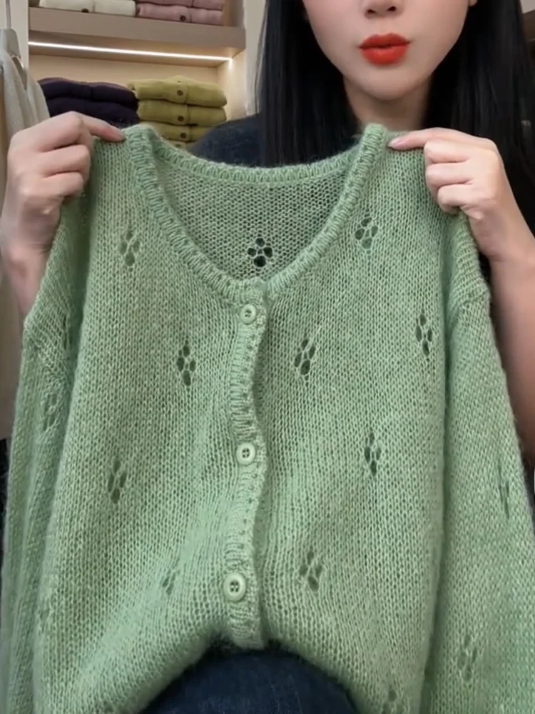 

Корейский теплый вязаный ажурный кардиган, осенняя новинка, больших размеров, универсальный, стройнящий, молодежный топ, женский свитер-кардиган