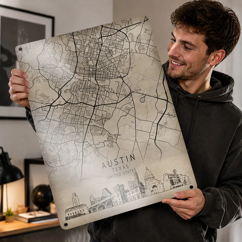 Austin Printed Posters Personalized Metal Sign Architectural Journey Tribute Wall Art For Hallway Workspace And City Admirers