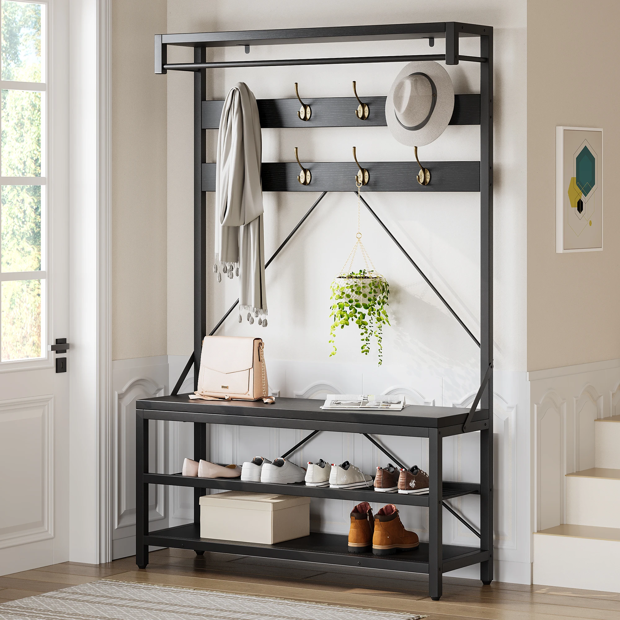 HAUSPROFI Garderobenrek met schoenenbank, 8 haken & opbergplanken, houtlook entree-organizer, stevig metalen frame, industrieel