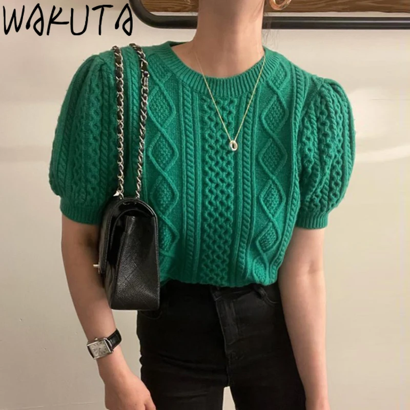 

WAKUTA Green Argye Hemp Pattern Sweater Pullovers Women Autumn Winter 2024 Loose O Neck Solid Short Puff Sleeve Knitted Tops