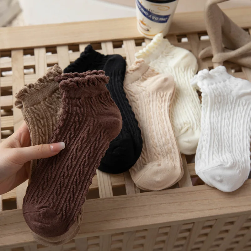 6 Pairs Crimped Stripes Dots Short Ankle Socks Breathable High Quality Casual Solid Women Socks Fashion Cotton Girls Cute Socks