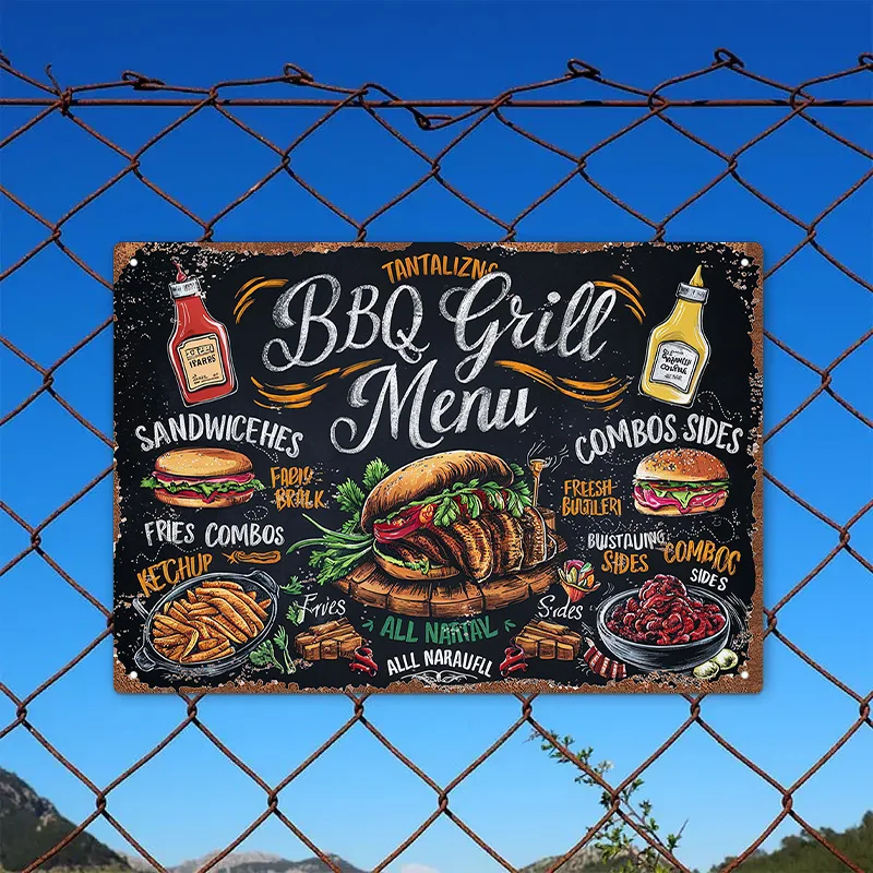 Room Decor  Vintage BBQ Grill Menu Sign, Aluminum Wall Art Decor, Retro Style Poster Plaque, DIY Home for Indoor