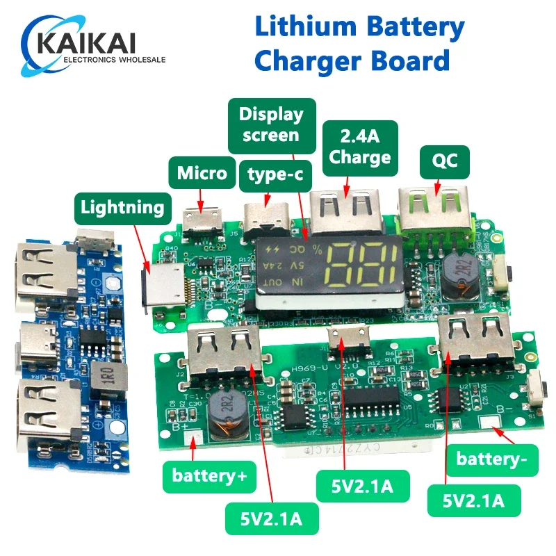 Proteção de circuito da placa do carregador da bateria do lítio, banco móvel do poder, LED, USB duplo, micro, tipo-C, 18650, 5V, 2.4A