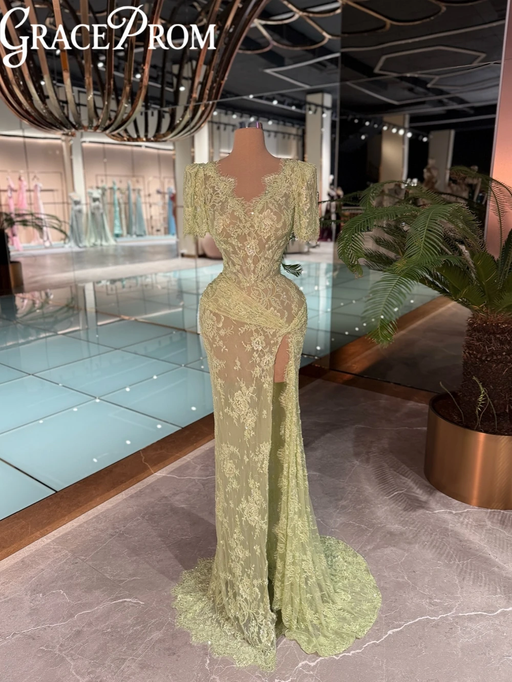 

Light Green Beaded Lace Mermaid Evening Dress Illusion High Slit Wedding Party Gown Customized Elegant Short Sleeve Prom Dresses
