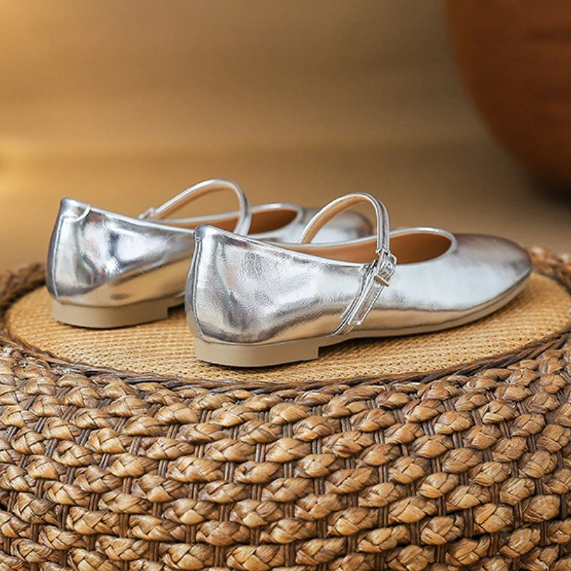 Silver Ballet Flats Shoes Women Elegant Mary Jane Shoes Soft Leather Buckle Strap Designer Casual Low Heels Wedding Dress Shoes view 6