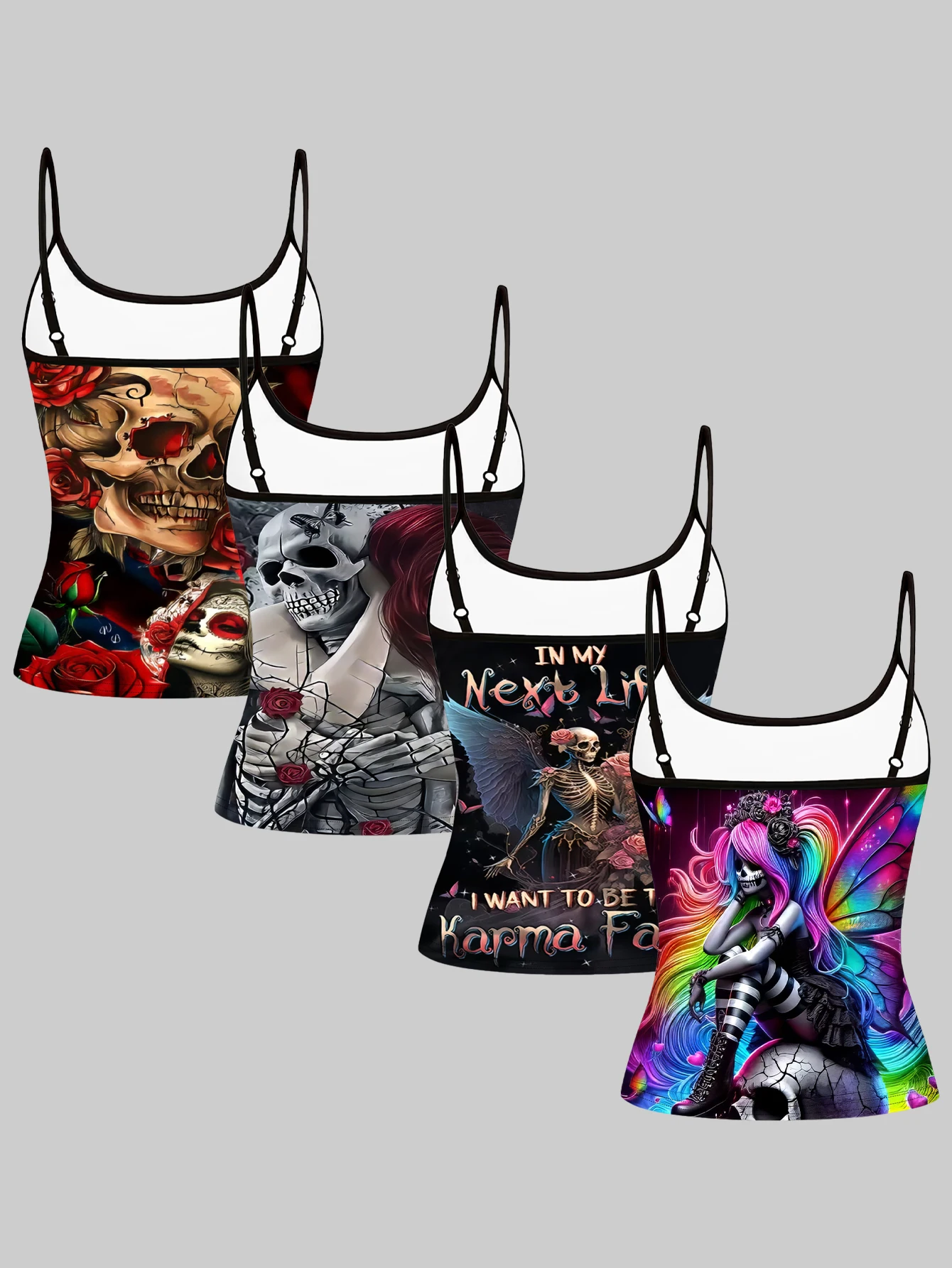 4-Pack Women's Skeleton Print Camisole Tops with Rose Day of the Dead Gothic Punk Pattern Slim Fit Inner Wear Tops