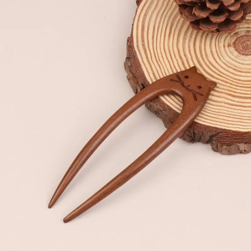 Wooden Hair Stick U-Shaped Hair Fork Cat Butterfly Chinese Style Fashion Hairpin Headwear Girl Hair Accessories