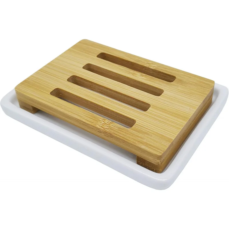 

‌ Self-Draining Bamboo Soap Saver - Ceramic Soap Dish for Shower, Bathroom & Kitchen ‌