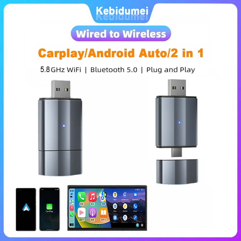 

2024 Newest 2in1 Wireless Carplay&Android Auto Adapter Smart Dongle Plug and Play For Kia Volvo Audi MG Opel VW Hyundai Jeep