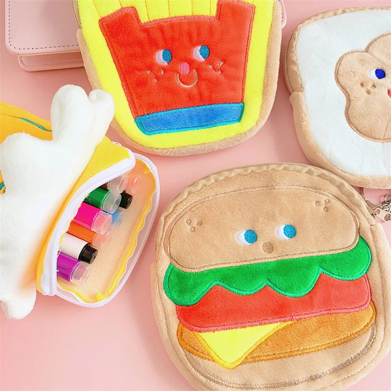 Cartoon Plush Wallet Cute Hamburger Milk Coin Purse Lipstick Headphone Storage Bag for Girls Children's Wallet Birthday Gift