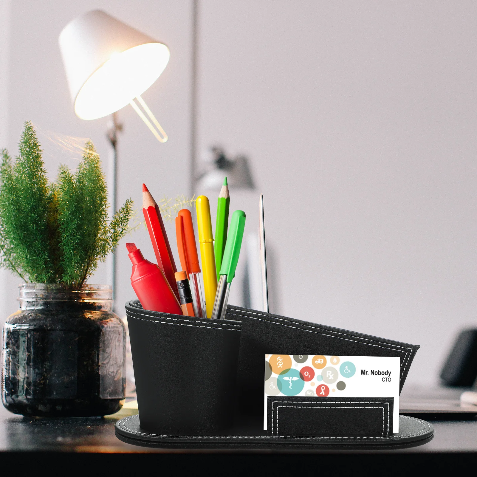 

PU Pen Holder Black Sturdy Desktop Organizer Business Stand for Office Desk Storage Multi-Compartment Supplies Holder