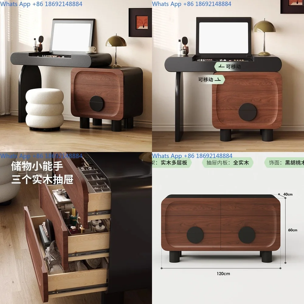 Vintage Style Dressing Table with Drawer Combined Compact Bedroom Walnut Grain Flip Top Makeup Desk Extendable Corner Design