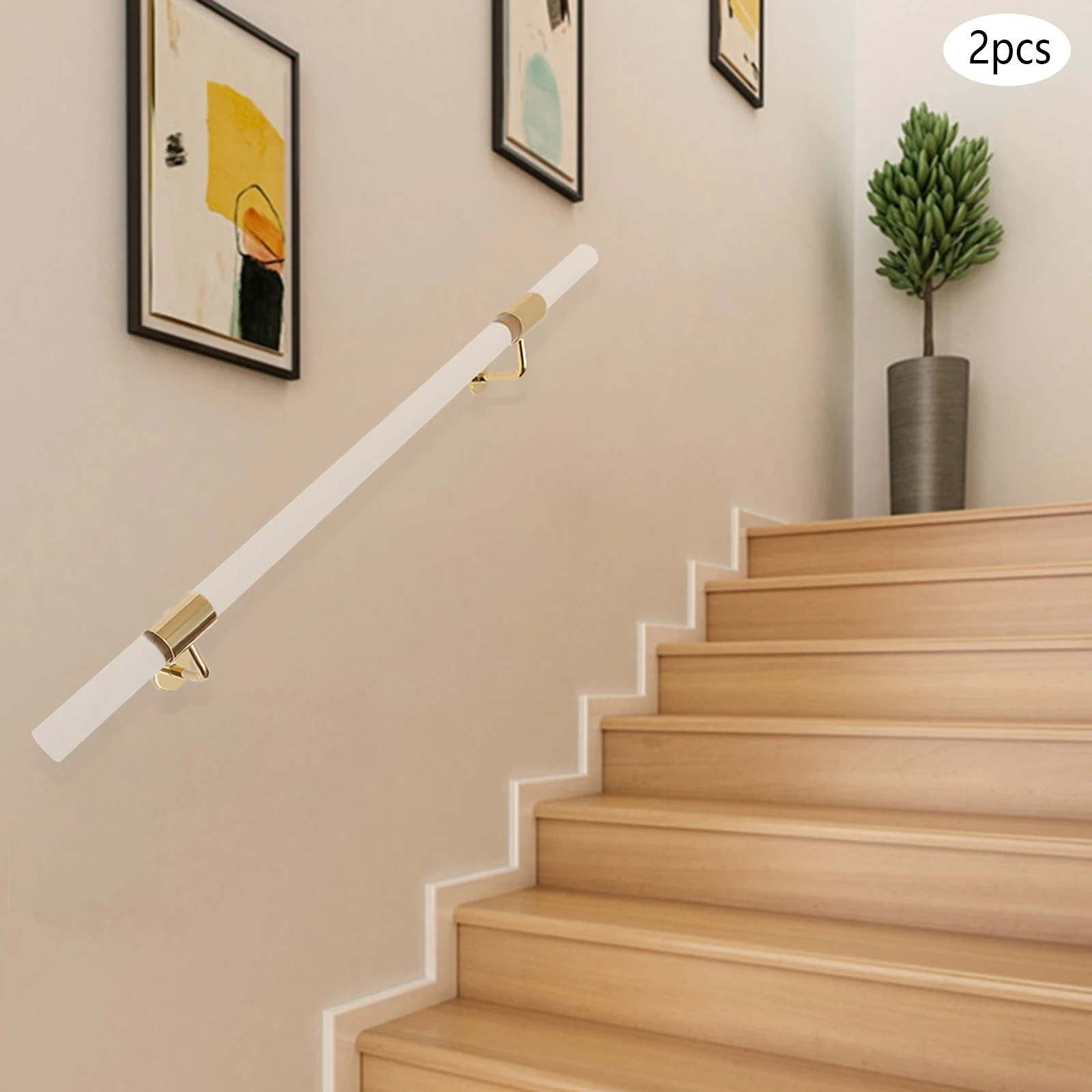 1m/3.3ft 2 Pack Acrylic Handrail for Indoor Stairs Wall Mount Railing with Golden Brackets for Kindergarten, Hotel, Kitchens