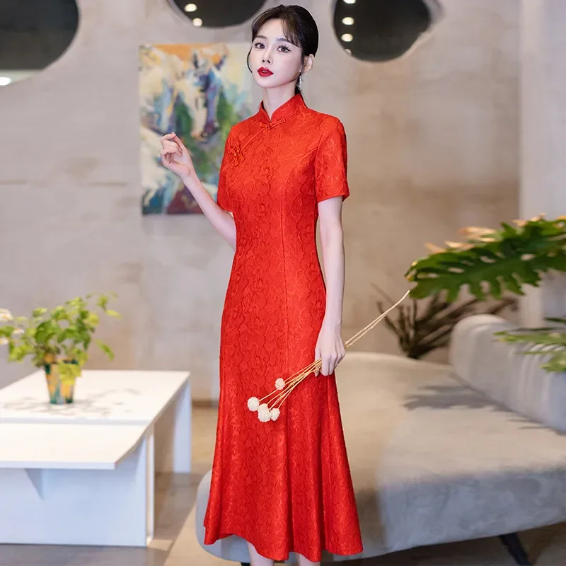 

Long Improved Red Cheongsam New Retro Young Fashion Elegant and Pretty Women's Dresses Qipao New Year CNY