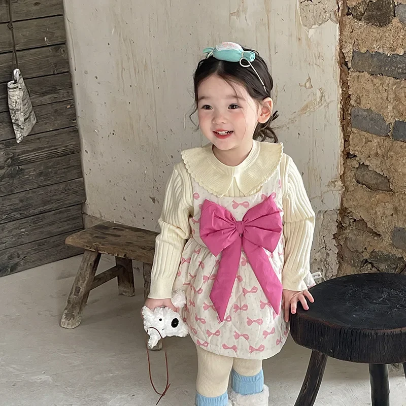 

Undershirt Vest Skirt Two Piece Set Girls Autumn and Winter New Childrens Korean Floral Bow Dress Base Sweater Set