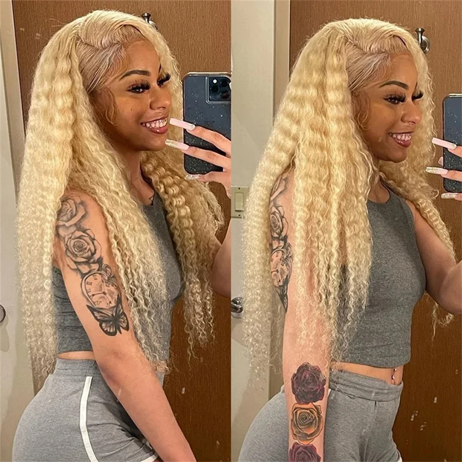 

Deep Wave Lace Frontal Wig 613 Honey Blonde Brazilian Pre Plucked Curly 13x4 Blonde HD Transparent Lace Front Human Hair Wig