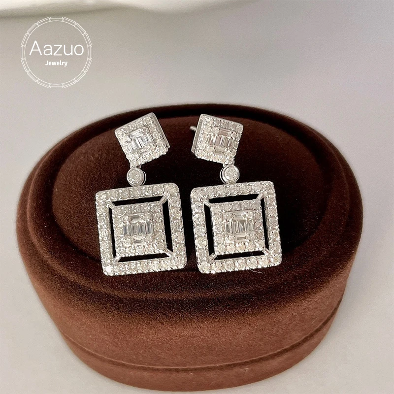 Aazuo 18K Solid White Gold South Africa Diamonds 1.3ct Perfect Square Stud Earring Gifted For Women Wedding Birthday Party Au750