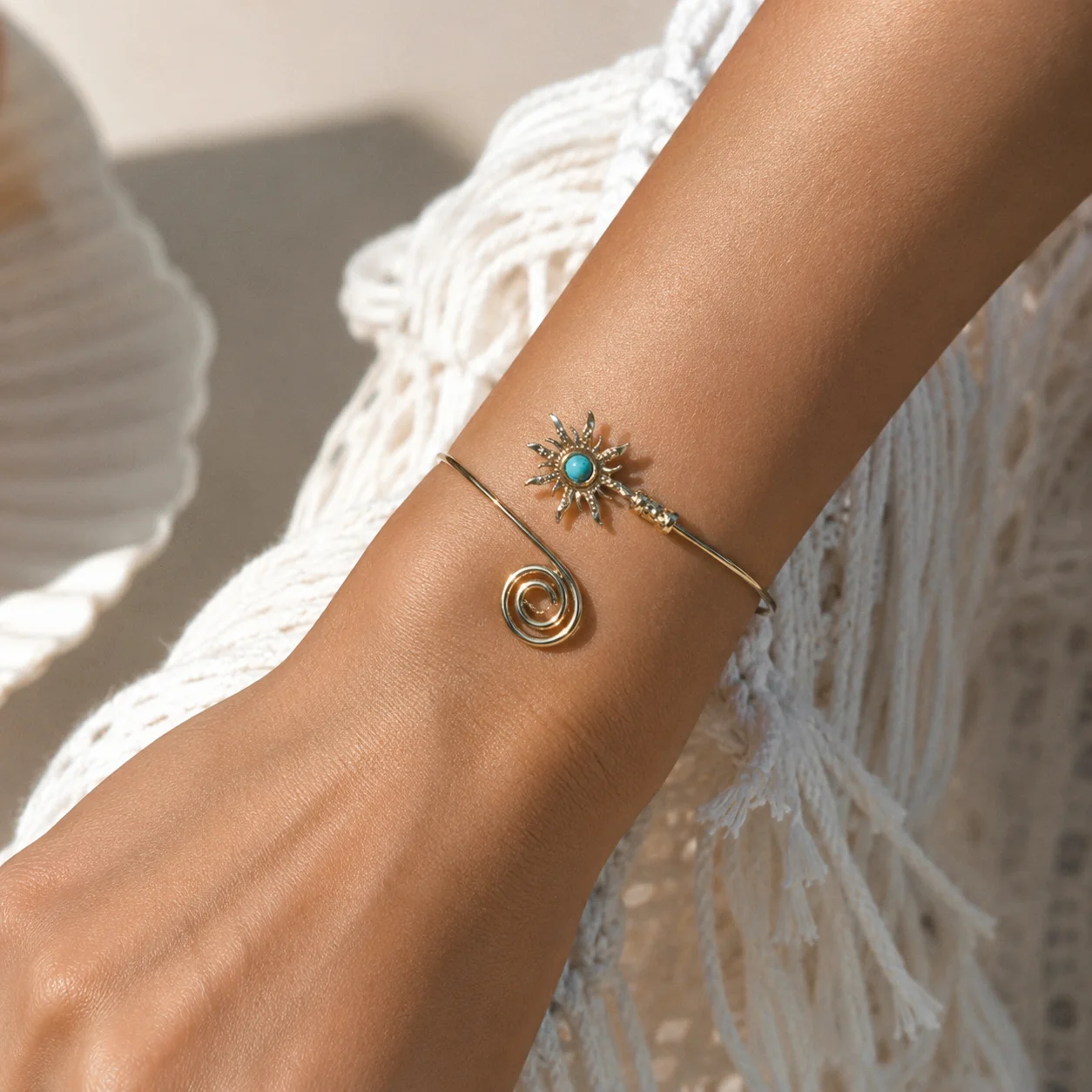 Arm Cuff Alloy Turquoise Sun Wide Open Bangle Wrist Arm Chain Jewelry Women Girl Daily Holiday Stackable Party Accessory Gift