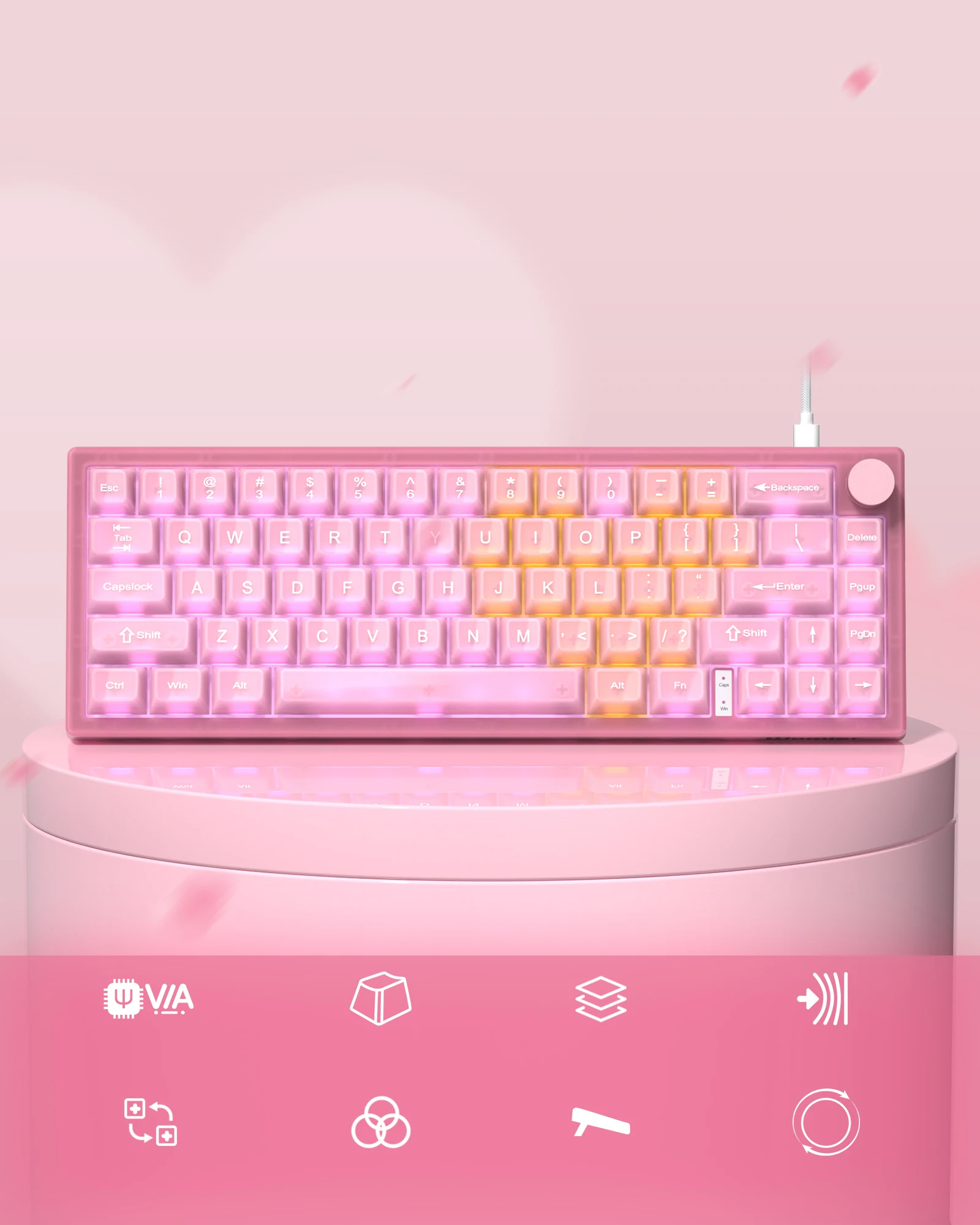 Womier Pink Fog Keyboard V-K66 PRO QMK Mechanical Gaming Keyboard Knob Strap Gasket Mounted Wired LED Backlit Hot-Swap Keyboard