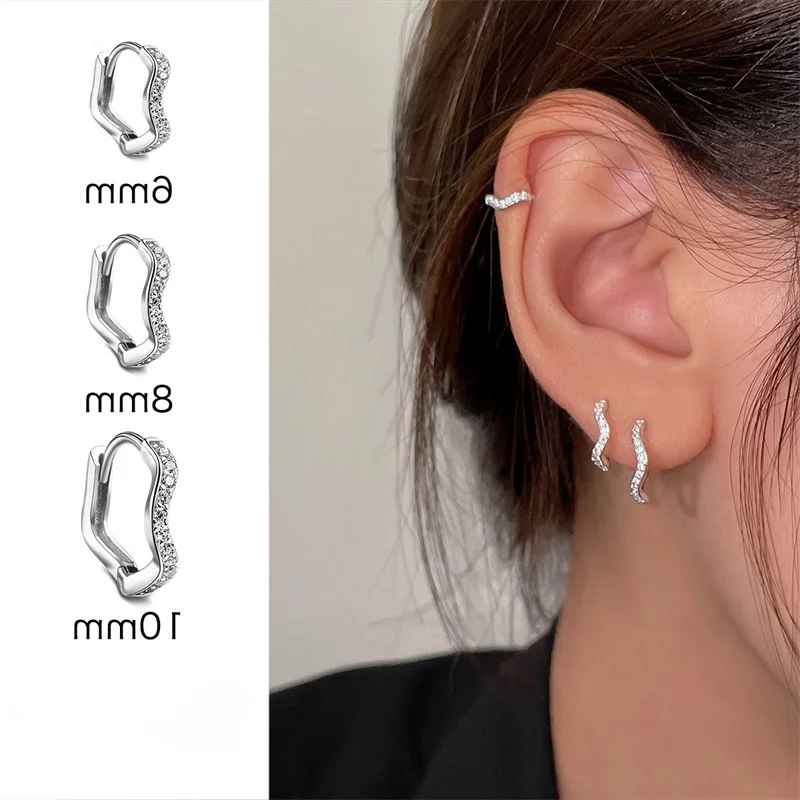 1Pcs Silver Color Minimal Wave Hoop Earrings Crystal Zirconia Small Huggie Thin Cartilage Earring Piercing Jewelry 2024 New