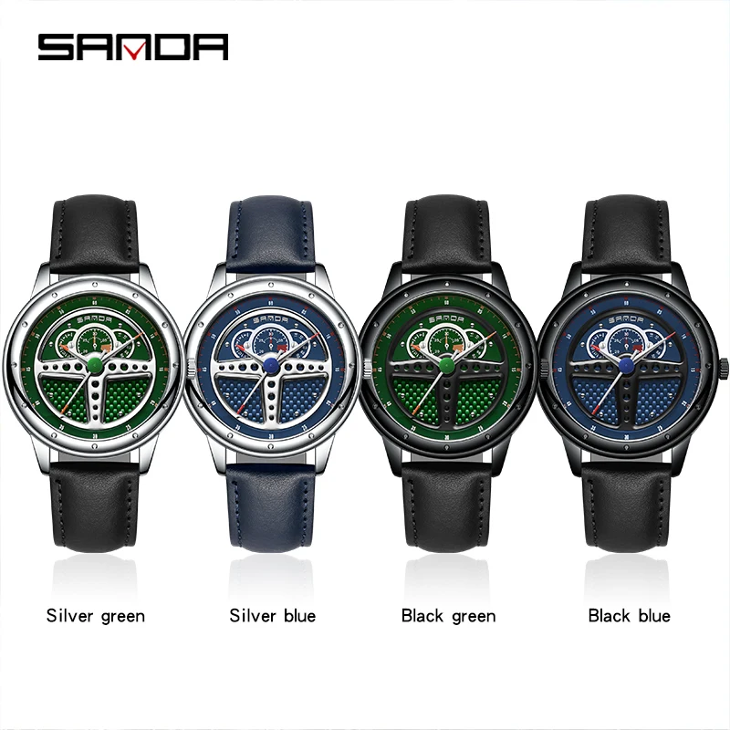 SANDA P1110 2023 Fashion Men Steering Wheel Design Watch Luxury Sports Waterproof Quartz Wristwatch Male Clock Relogio Masculino