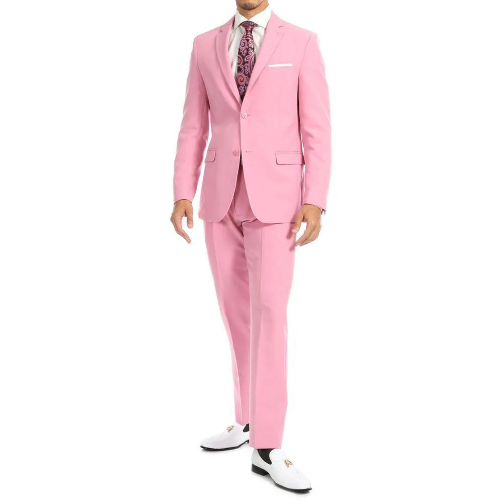 Pink Chic Single Breasted Men Suits Slim Fit Notch Lapel Regular Length High Street 2 Piece Jacket Pants Blazer Elegant Full Set