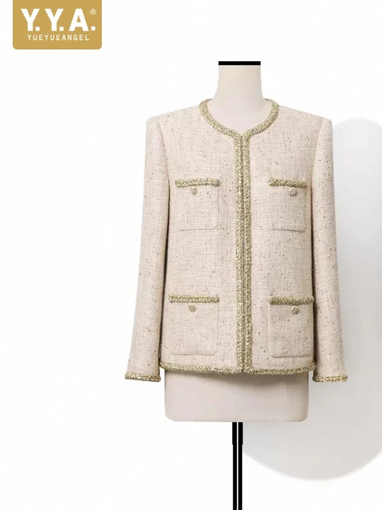 Leisure Women O Neck Tweed Jacket Sequin Multi Pocket Party Coats Chic Work Ladies Long Sleeve Jackets Single-breasted Outerwear