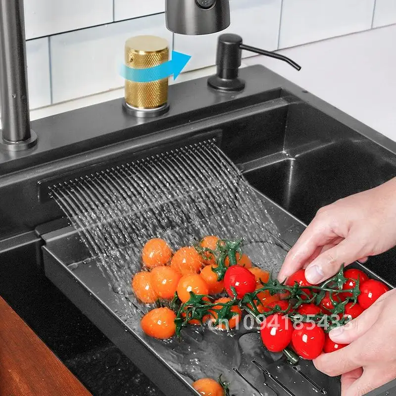 Nano 304 Stainless Steel Kitchen Sink Waterfall Sink Large Single Bowl With Waterfall Faucet For Modern Multifuctional Washbasin