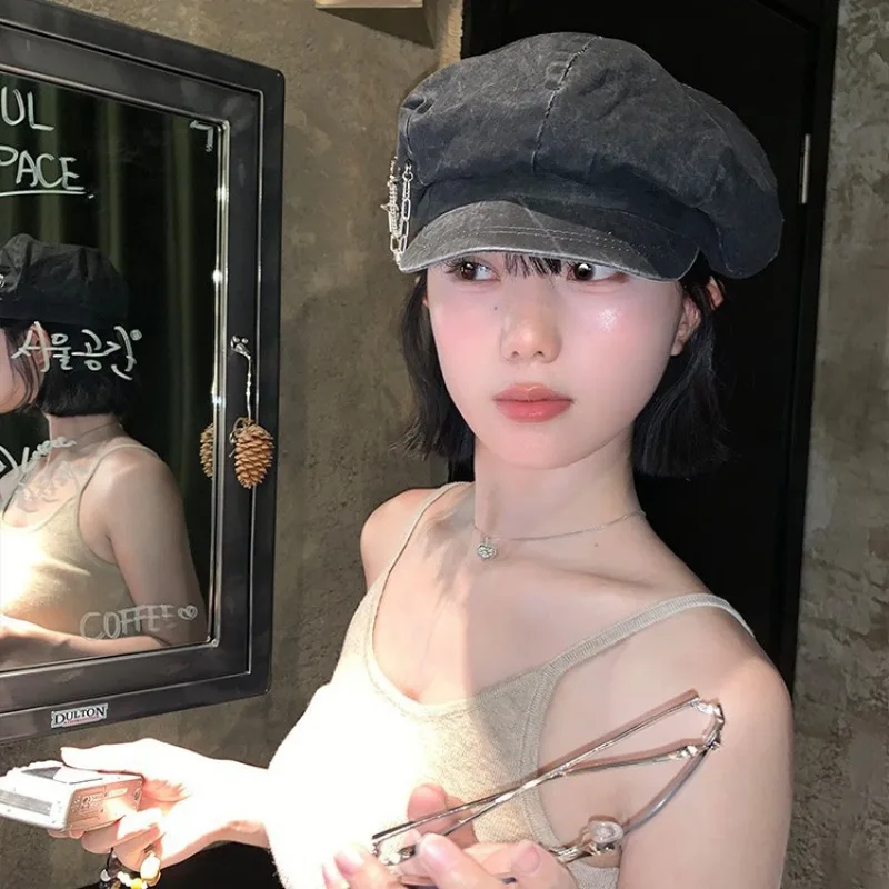 

Japanese Simple Retro Pin Chain Design Beret Women's Summer Breathable Big Head Sunshade Short Brim Octagonal Newsboy Cap