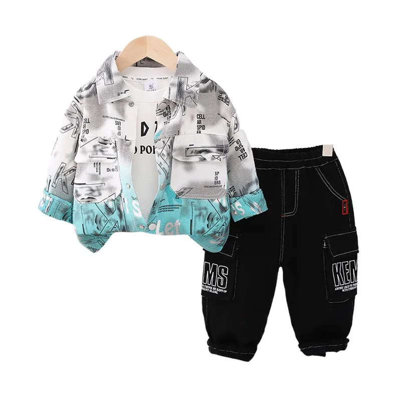 

Boutique Baby Boy Clothes Fall Leisure All Over Print Letter Gradient Long Sleeve Denim Jackets + T-shirts + Pants Boys Suit Set