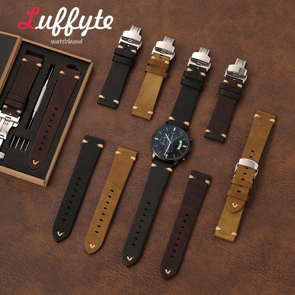 Men Calfskin Genuine Leather Watch Band 18mm 20mm 22mm with Butterfly Buckle Gift Packing Box Vintage Business Replacement Strap