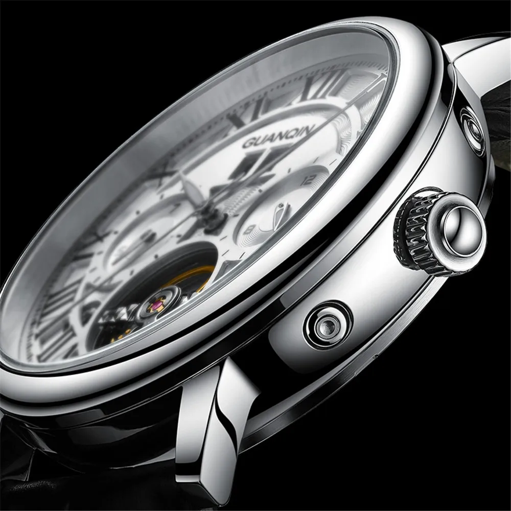 GUANQIN Luminous Leather Mechanical Wrist Watch Sapphire Crystal Military Men Tourbillon Watches Waterproof Automatic Wristwatch