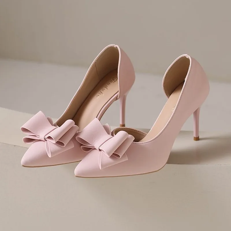 2026 New French Pointed Toe Side Empty Heel Women's Bow Pull-On Single Slip-On High Heels