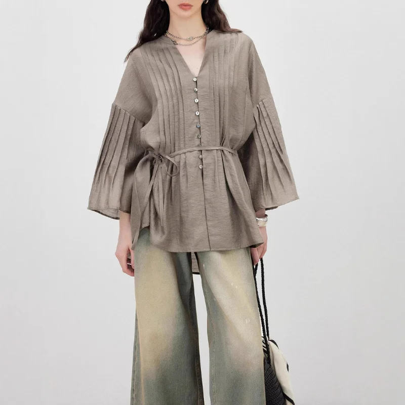 Spring Pleated V-neck Shirts Women Loose Niche Blouses Light Thin Cardigan Jacket Literary Retro Clothing White Linen Gray Tops