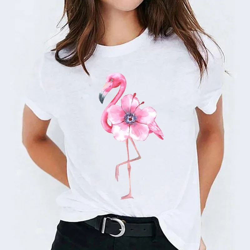 Flamingos Pattern Half Sleeve T-shirt Women's Harajuku Style Graphic Top Aesthetic Short Base Shirt Fashion Summer polyester