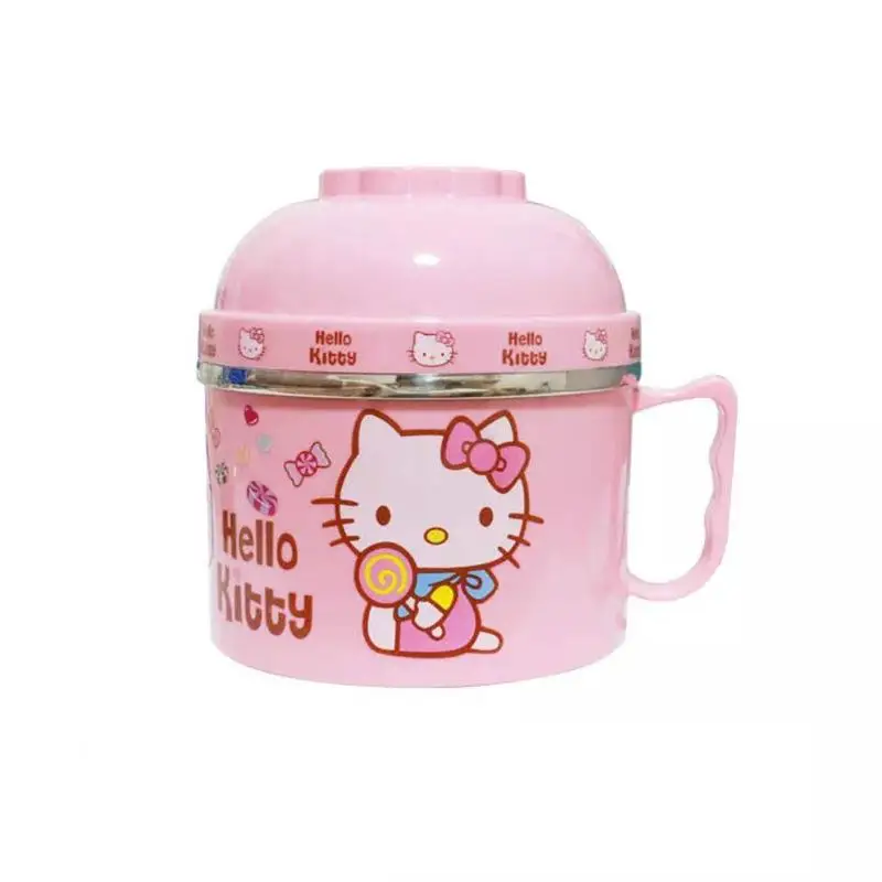 Miniso Kawaii Student Sus304 Instant Noodle Bowl Suit Hello Kitty Cartoon Portable Anti-Fall Insulation Office Workers Lunch Box