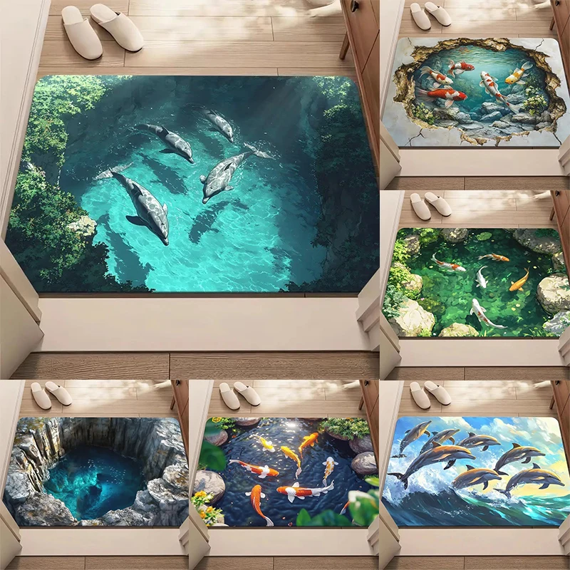 3D Ocean Themed Door Mat With Koi Fish Cliff Pool Dolphins Designs Artistic Realistic Print Mat Floor Mat For Entryway Doorstep
