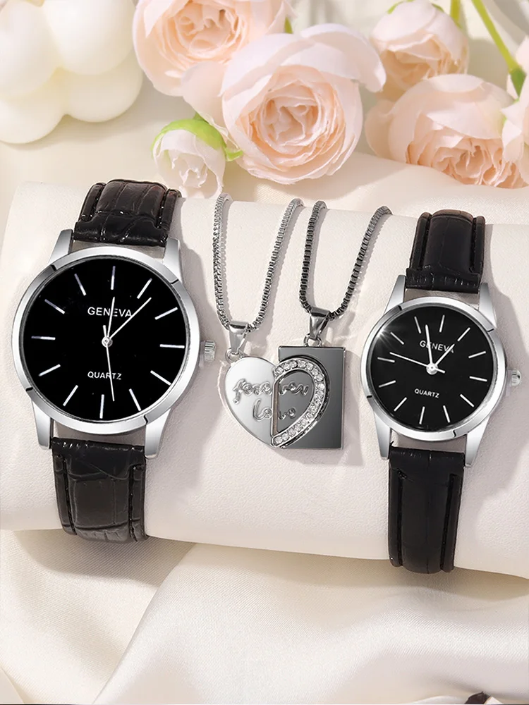 4pcs Minimalist Couple Watch for Male and Female Students, Casual and Fashionable Versatile Quartz Watch+couple Necklace