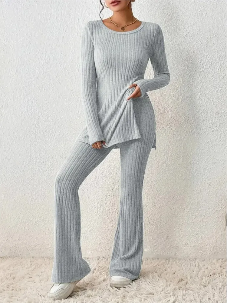 2024 Fall Winter Knitted 2 Piece Suits Women Long Sleeve Ribbed Slit Long Top And High Waist Pencil Pants Set Fashion Outfit