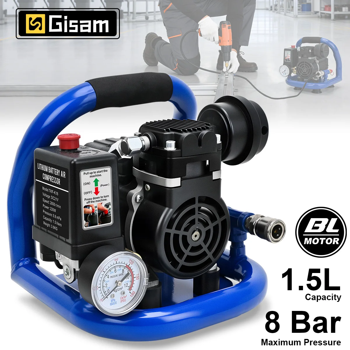 Gisam 1,5L Elektrischer Luftkompressor 8 Bar 120 PSI Ölfreier tragbarer Kompressor für Reifenfüllung, Autolackierung, Heimwerkerbedarf, Hochleistungswerkzeug für Makita 18V Akku