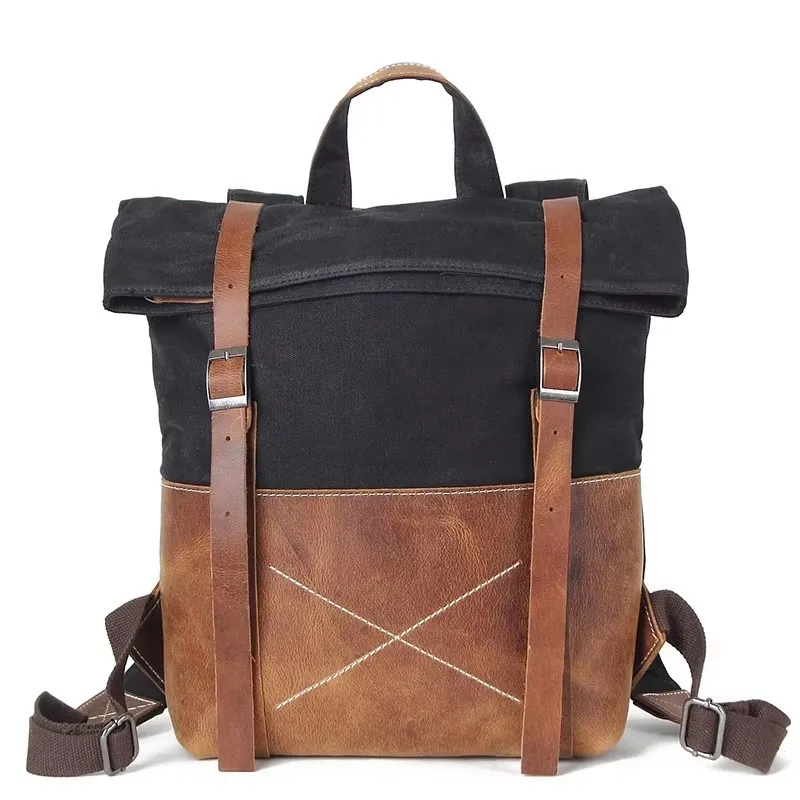 Fashion Men Backpack Waxed Canvas With Cowhide Leather Backpacks Large Capacity Waterproof Travel Rucksack School Bag Bagpack