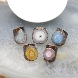 Natural Geode Sun Flower Rings,Solar Quartz Druzy Agate Adjustable Bronze Rings,Healing Quartz Party Finger Rings Jewelry